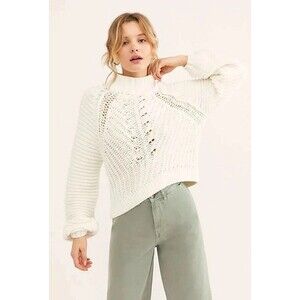 Free People Sweetheart Chunky Knit Mock Neck Relaxed Sweater Ivory Size L